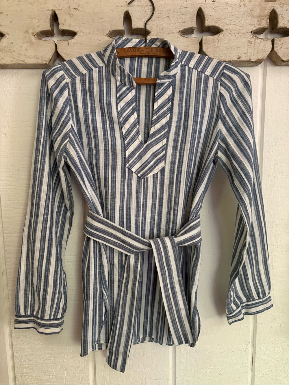 Vintage 70s  Striped Blue & White Tunic with Waist Tie